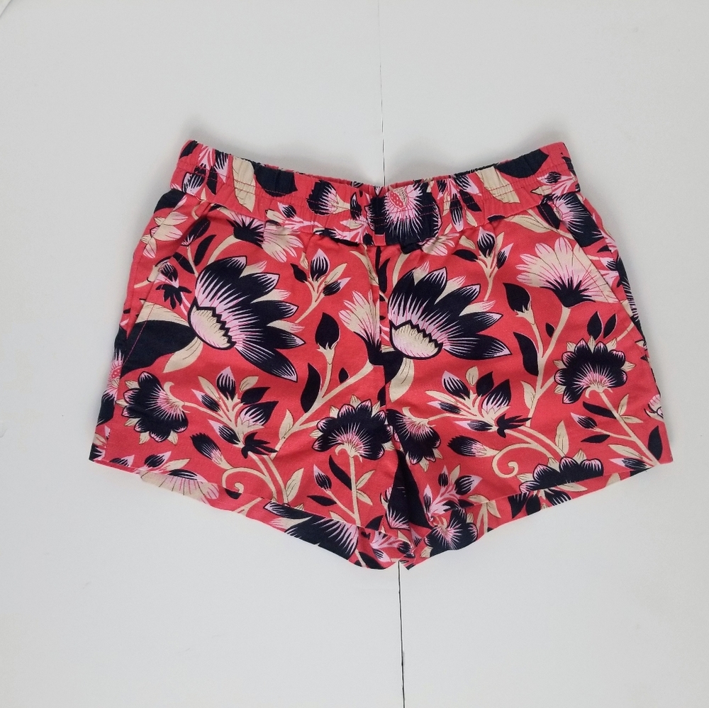 NEW J Crew Women 00 Linen Shorts Elastic waist coral navy blue floral palm